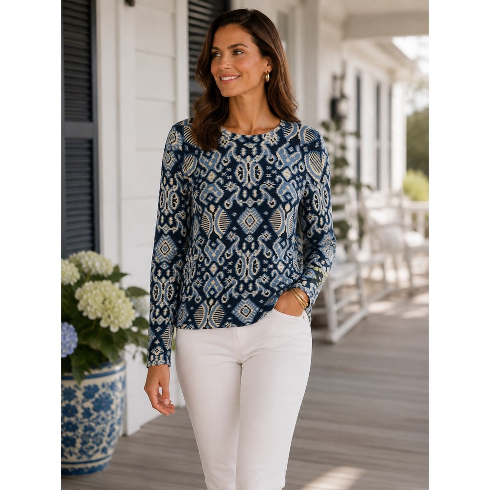 J.McLaughlin 100% Cashmere Blue Geometric Crewneck Long Sleeve Sweater Medium